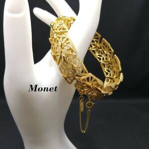 Vintage Monet Gold Plated Openwork Link Bracelet w/ Safety Chain 1960s